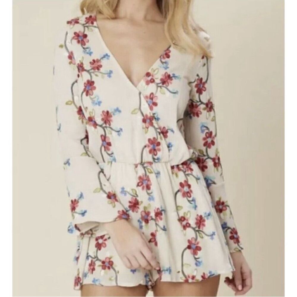 Altar'd State Floral Embroidered Romper - Cream, Red, Blue